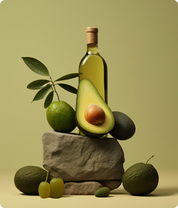 A stylized photo of an avocado next to a bottle of premium avocado oil.